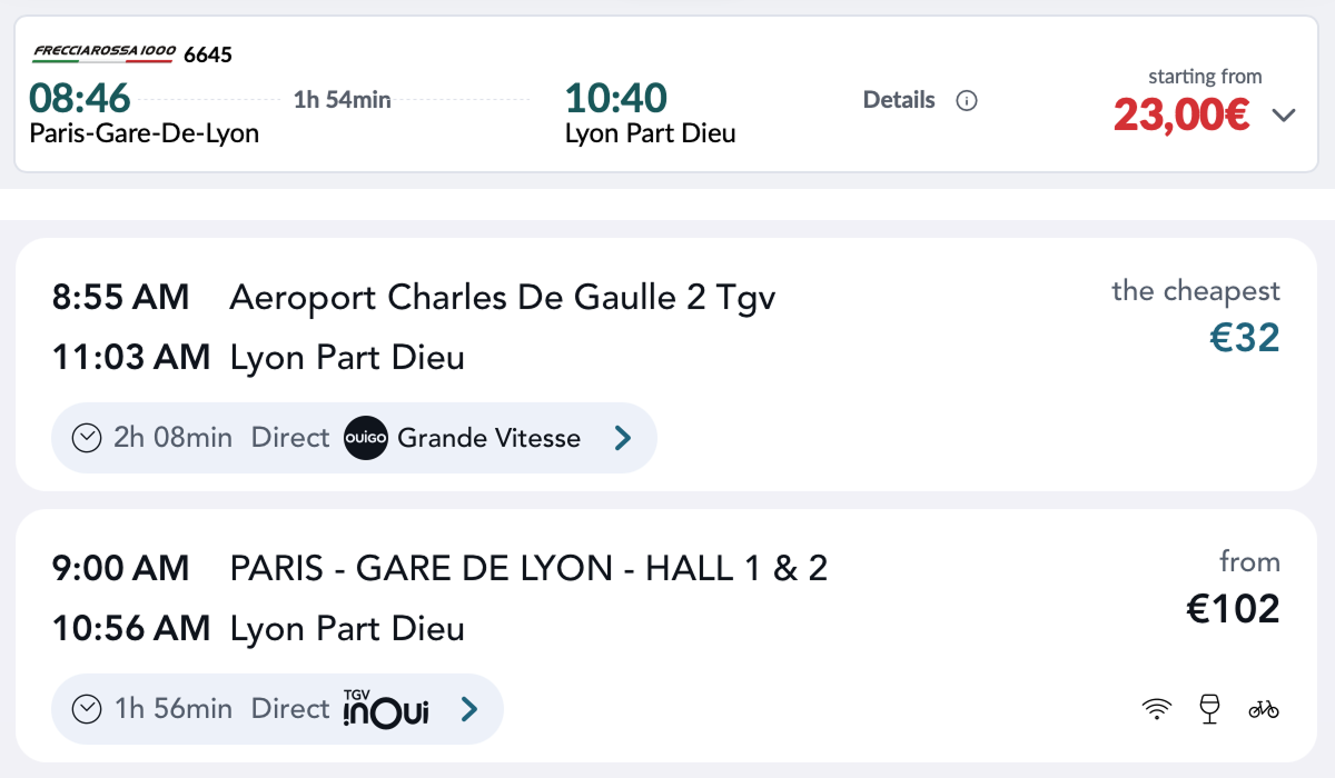 类似行程,相同时间段的 Trenitalia Frecciarossa 和 SNCF TGV 之间的预售火车票对比。