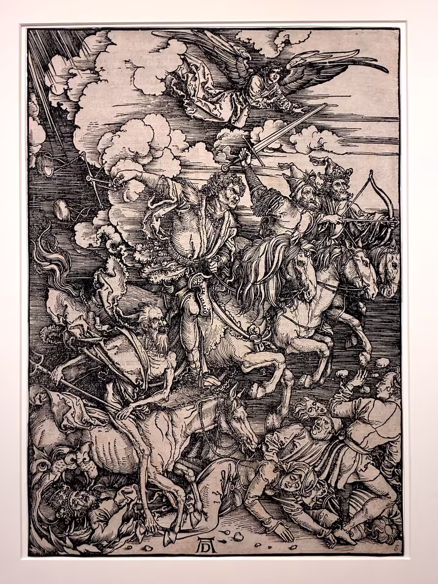 阿尔布雷希特·丢勒 (Albrecht Dürer) 的《启示录》木刻版画组画中的《四骑士》 (The Four Horsemen)。