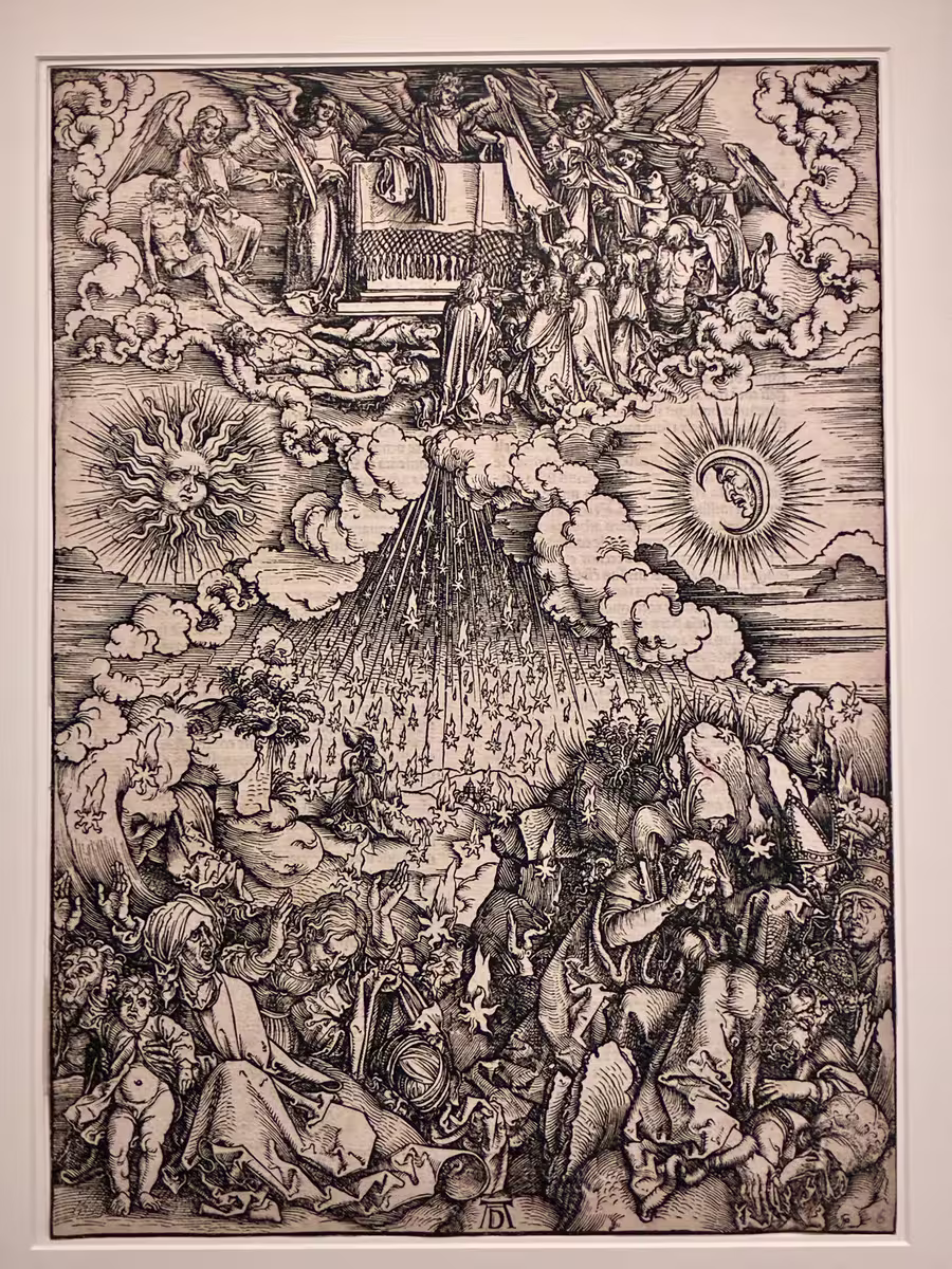 阿尔布雷希特·丢勒 (Albrecht Dürer) 的《启示录》木刻版画组画中的《第五和第六印的开启》 (The Opening of the Fifth and Sixth Seals)。