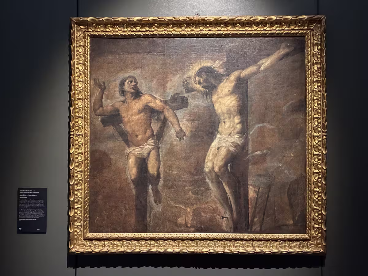 提香·韦切利奥 (Titian) 晚年的杰作《基督受难与好强盗》 (Christ Crucified with the Good Thief)。