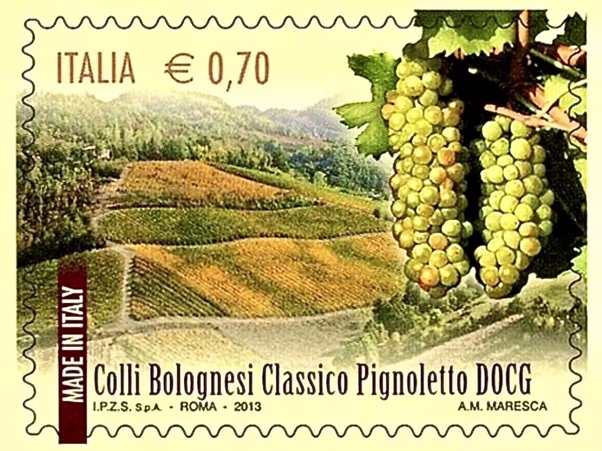 优质法定产区博洛尼亚丘陵地带皮尼奥莱托白葡萄酒 (Colli Bolognesi Pignoletto DOCG) 的纪念邮票。