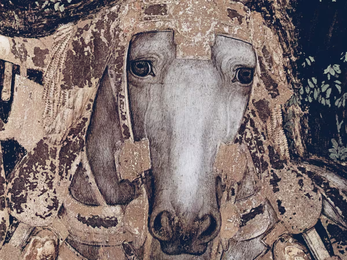 皮萨内洛 (Pisanello) 的湿壁画《圣乔治与公主》 (Saint George and the Princess) 的细节 (Wikipedia)。