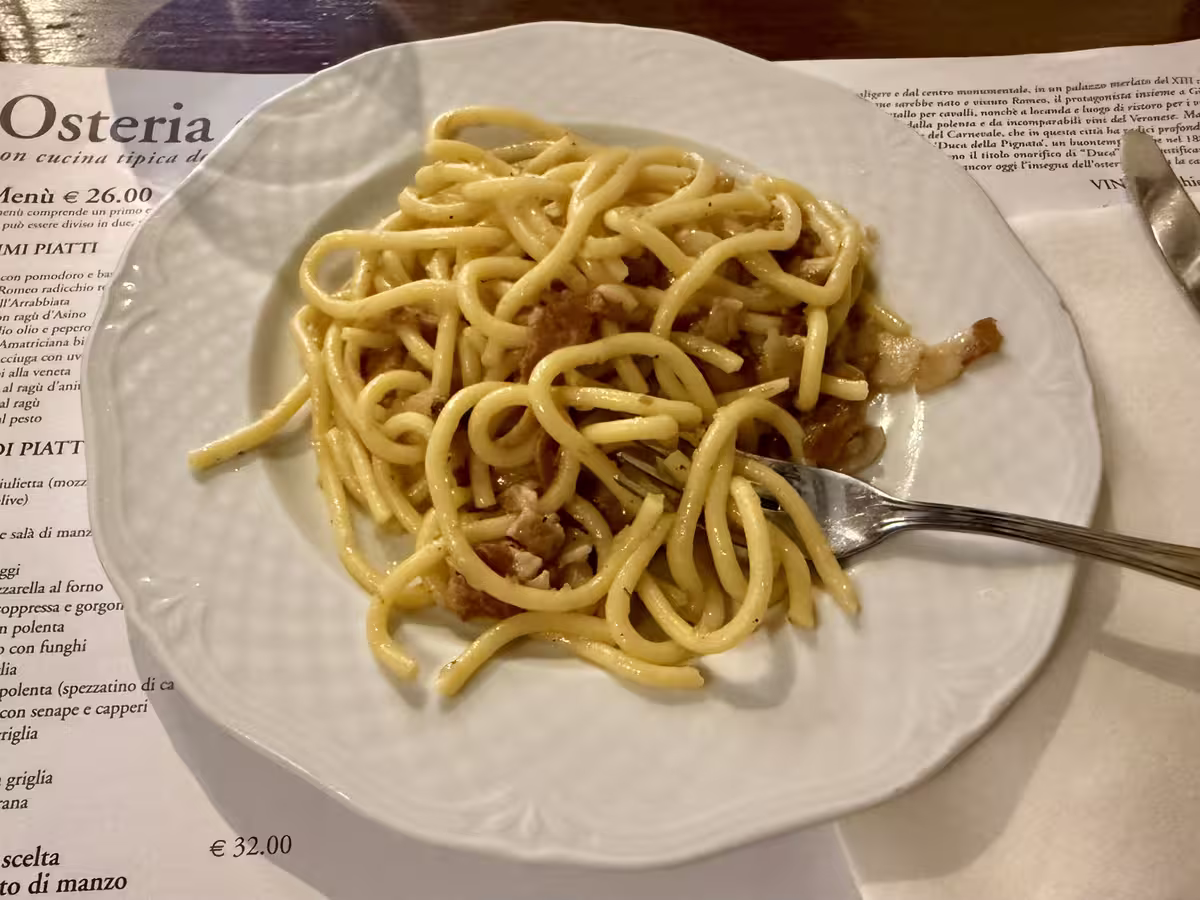 维罗纳公爵酒馆 (Osteria al Duca) 中的驴肉酱新鲜粗面条 (Bigoli al torchio con ragù d’asino)。